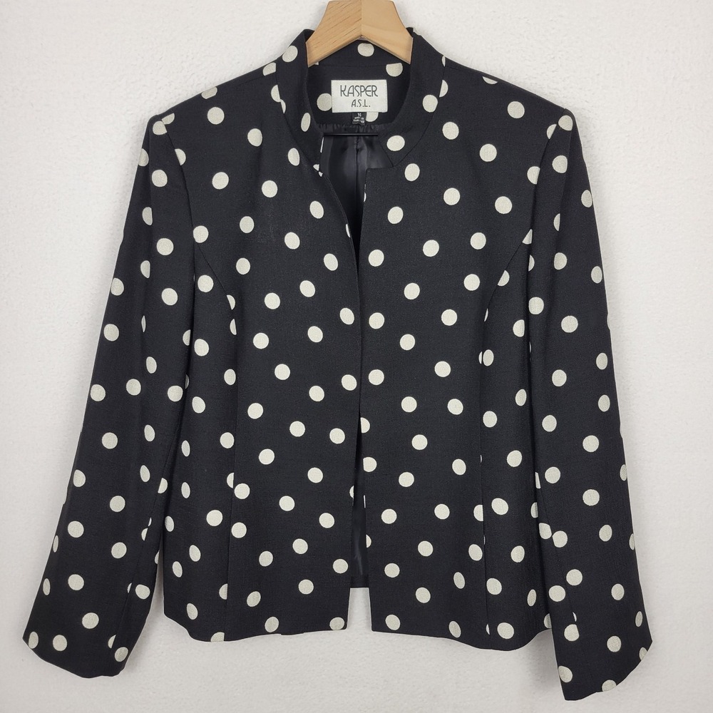 Vintage 90s Kasper A.S.L. Polka Dot Career Blazer Jacket 14 Black White Timeless